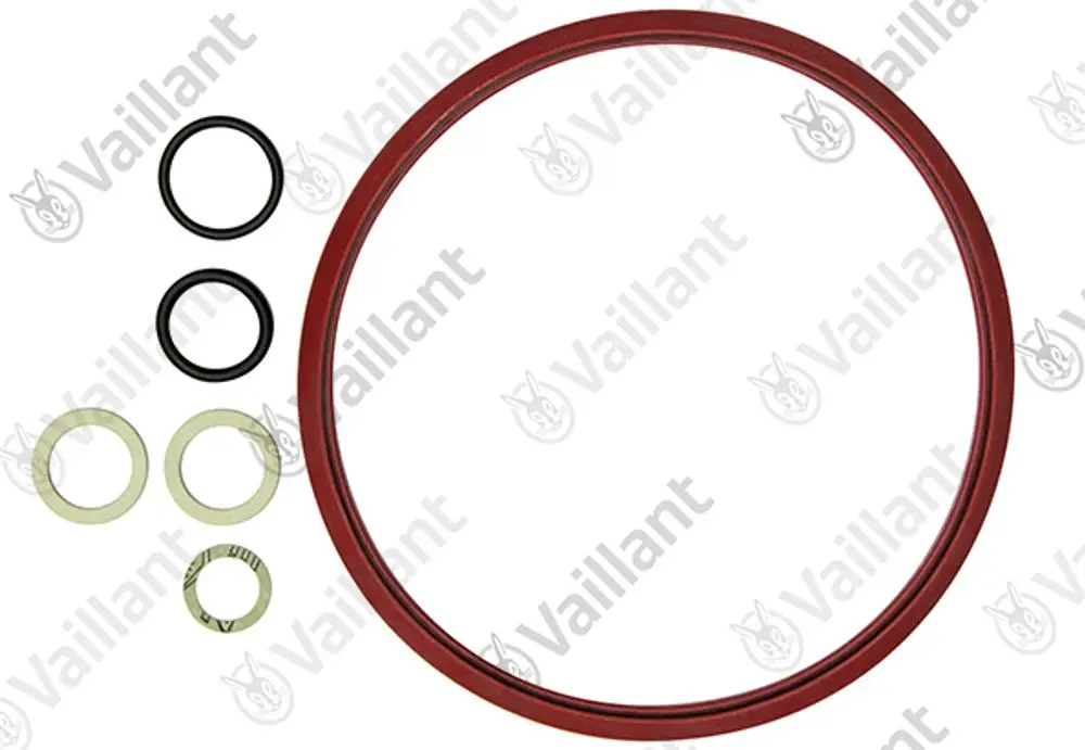 Dichtungen und O-Ringe in verschiedenen Größen von Vaillant, inklusive einer roten Dichtung und mehreren runden Dichtungen in Schwarz und Beige.